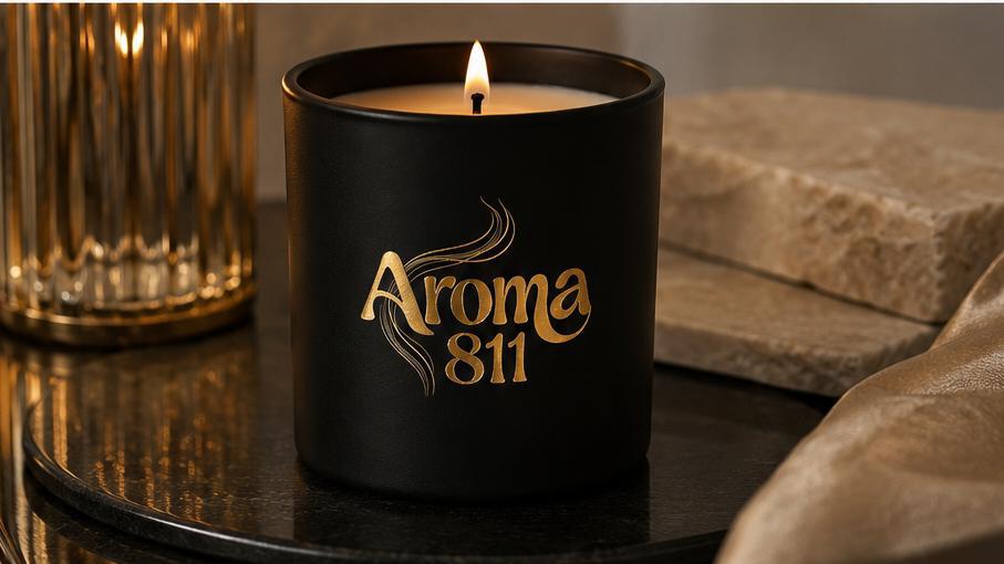 Fotografia em close-up de uma vela aromática em um copo cilíndrico preto fosco. A cera clara está visível no topo e o pavio central está aceso com uma chama brilhante. Na parte frontal do copo, o logotipo 'Aroma 811' aparece estampado em letras douradas reluzentes com linhas onduladas que simulam fumaça. A vela está apoiada em uma superfície preta brilhante. Ao fundo, há um castiçal de vidro canelado iluminado à esquerda e pedras decorativas texturizadas em tons de bege à direita, criando uma atmosfera aconchegante e sofisticada.